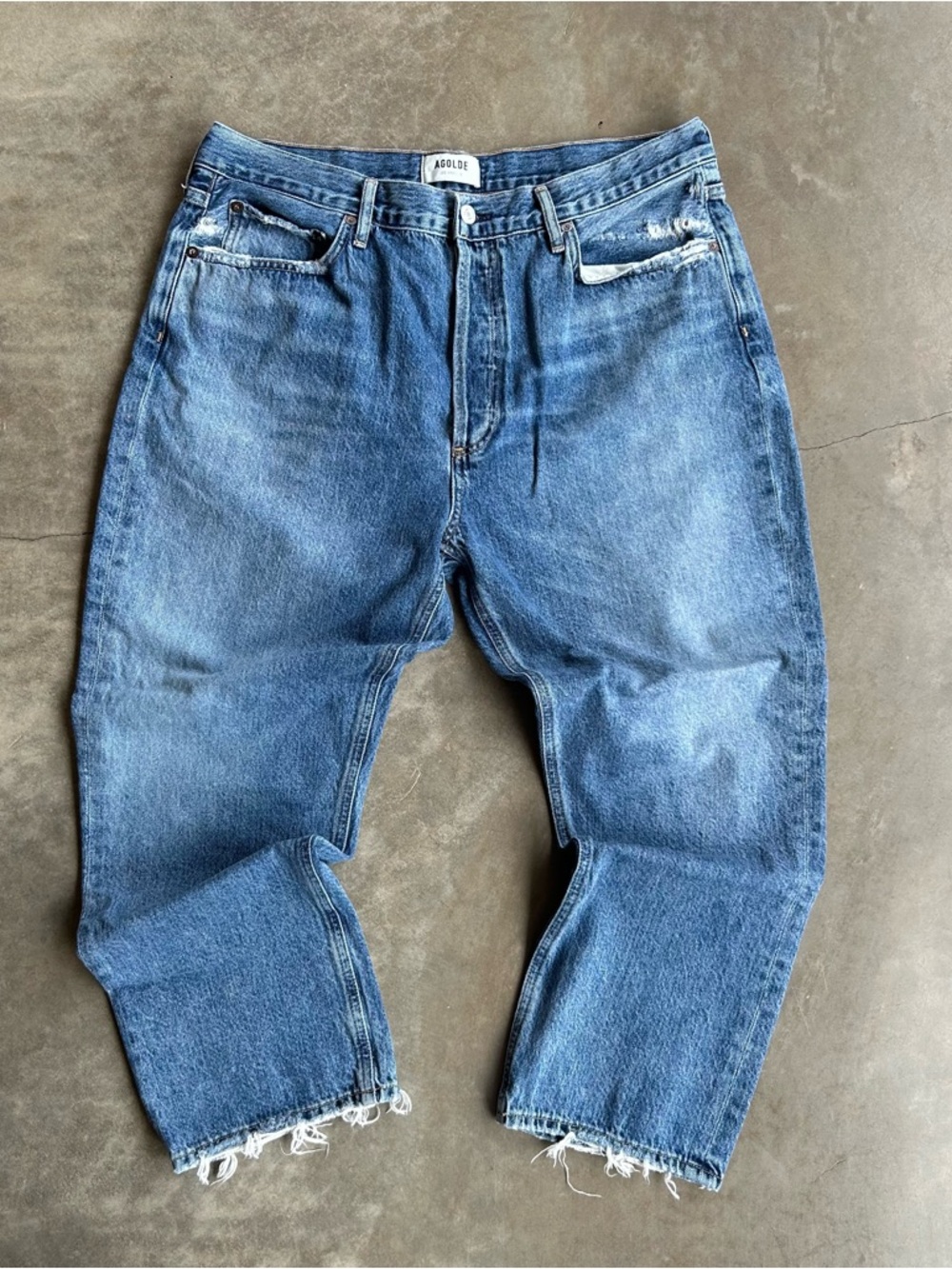 Agolde Blue Relaxed Straight Jeans with Distressed Hem